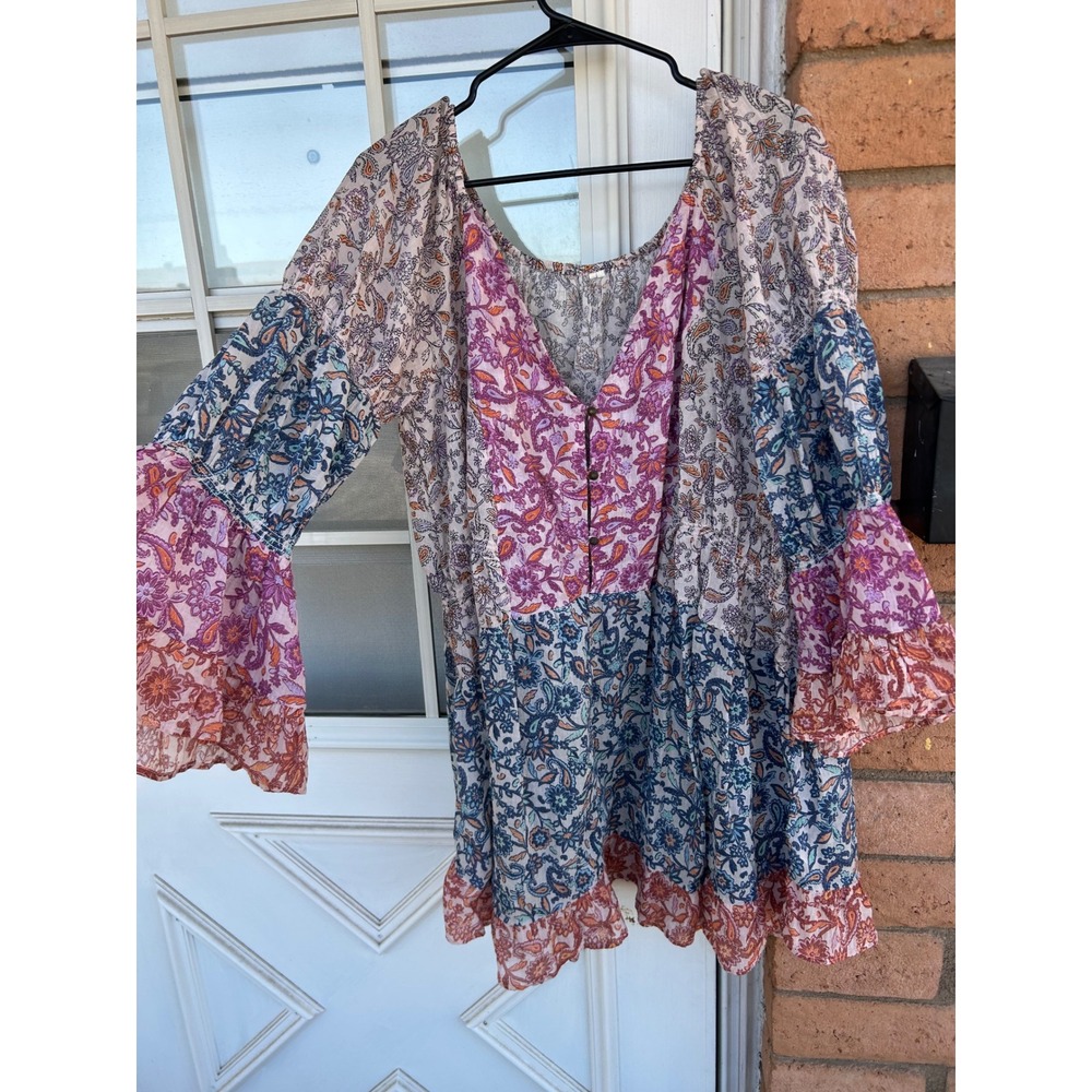 Anthropologie Boho Patchwork Floral Paisley Bell Sleeve Mini Dress M Festival - Picture 3 of 9
